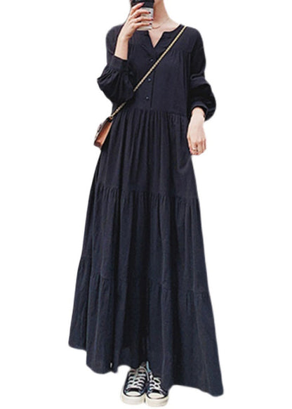 Natural Black Oversized Wrinkled Cotton Shirt Dress Fall