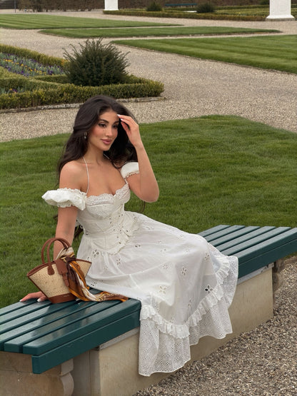 French Vintage Halter Off Shoulder Lace Corset Embroidered Maxi Dress