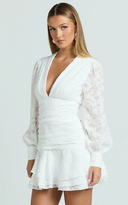 Bijou Mini Dress - Embroidery Long Sleeve Dress In White