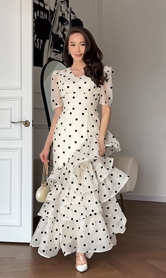 Polka Dot V Neck Puff Sleeve Tiered Ruffle Waist Maxi Dress