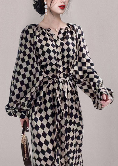 French Plaid Pockets Tie Waist Chiffon Long Dresses Fall